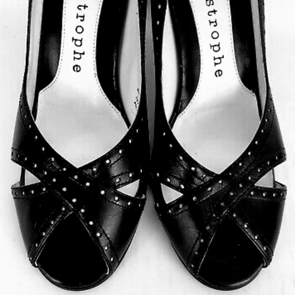 🌷Just In🌷Apostrophe Black Leather Peep Toe Heels - Picture 2 of 8